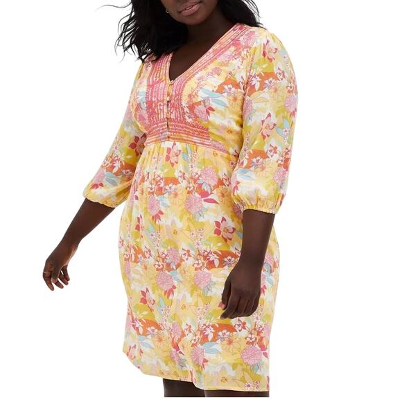 Torrid Floral Gauze Spring Hi-Lo V-Neck 3/4 Sleeve Dress Plus 4X Prairie Boho - Picture 1 of 9